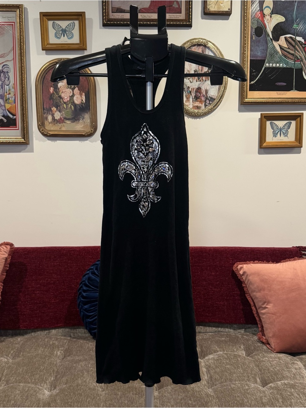 Vintage Black Embellished Y2K Fleur-de-Lis Mini Dress